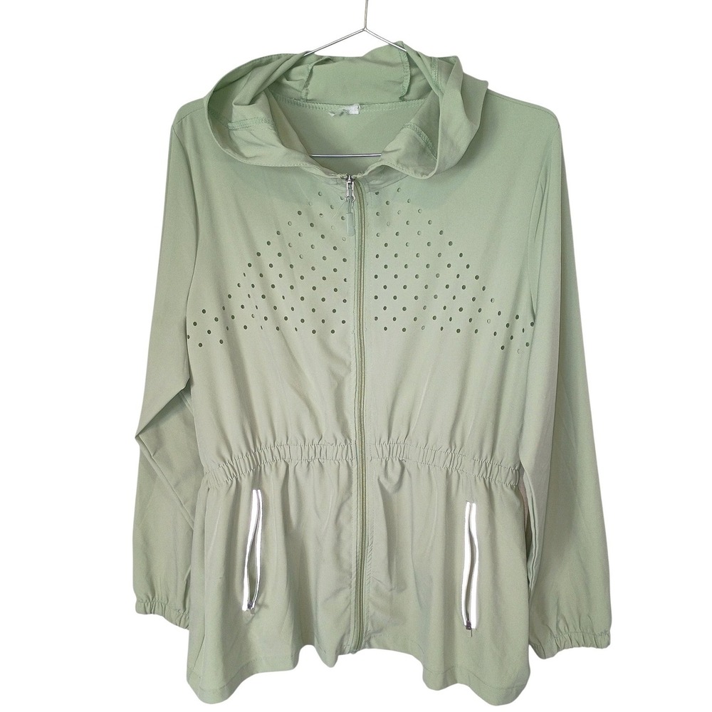 Sage Green Hooded Windbreaker Jacket Perforated Detail Elastic Waist Womens